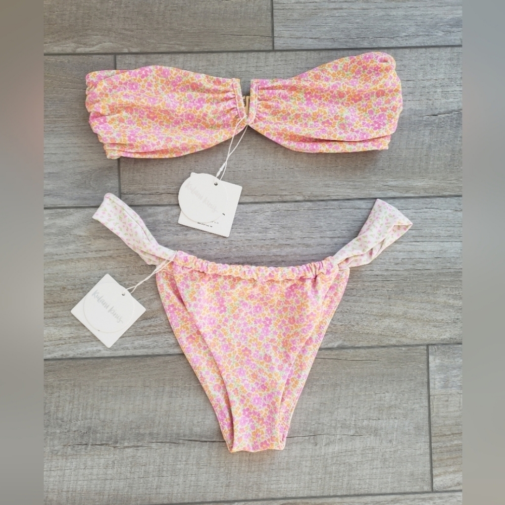 Kulani Kinis Pink and Yellow Floral Bandeau Bikini Set